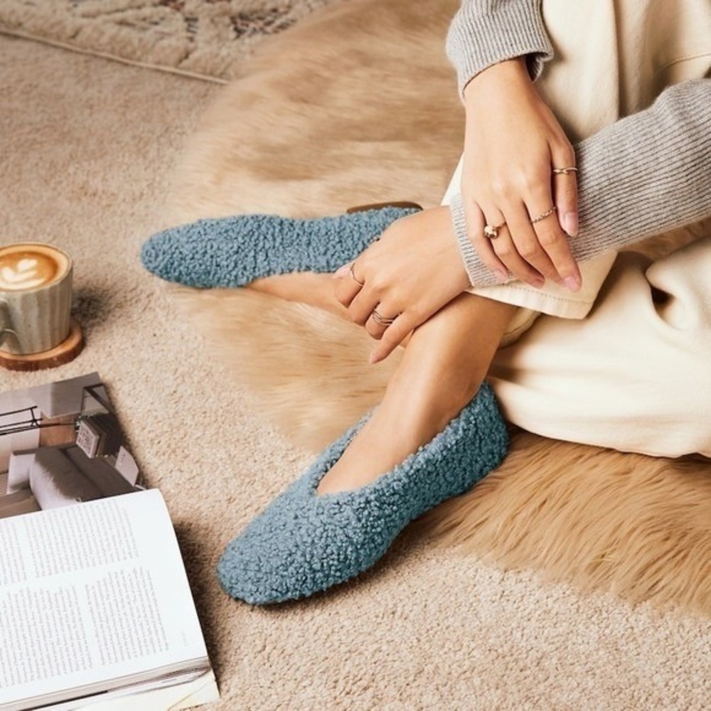VIVAIA Blue Square-Toe Recycled Faux Fur Flats Cozy Ballet‎ size EU/38.5 US/7.5
